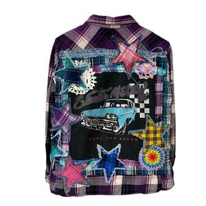 Upcycled Flannel Shirt Shacket Womens 1X Grunge Patchwork Folk Art Mechanic